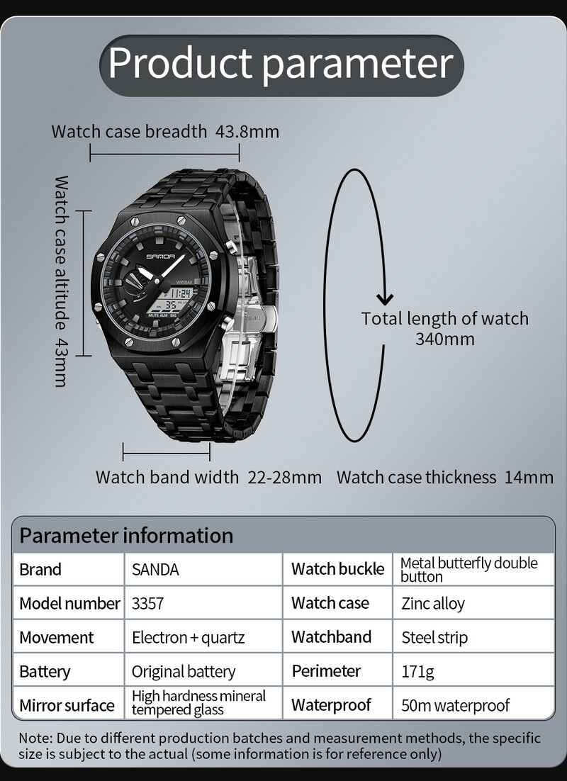 Sanda 3357 Novi elektronički sat s ručnim svjetlom za podizanje s čeličnom trakom Trendovski i cool muški višenamjenski elektronički sat