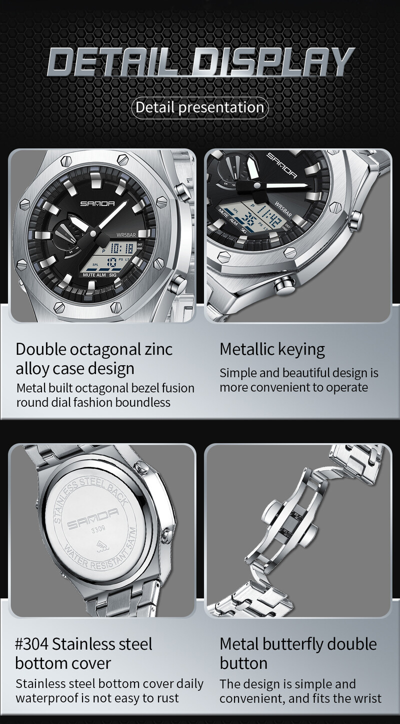 Sanda 3357 Novi elektronički sat s ručnim svjetlom za podizanje s čeličnom trakom Trendovski i cool muški višenamjenski elektronički sat