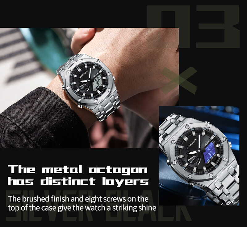 Sanda 3357 Novi elektronički sat s ručnim svjetlom za podizanje s čeličnom trakom Trendovski i cool muški višenamjenski elektronički sat