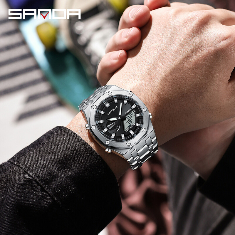 Sanda 3357 Novi elektronički sat s ručnim svjetlom za podizanje s čeličnom trakom Trendovski i cool muški višenamjenski elektronički sat