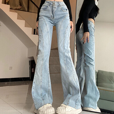 2024 Γυναικείες Y2k ματισμένες ψηλόμεσες τζιν Γυναικεία μόδα τζιν παντελόνι με καμπάνα για κορίτσια Σχεδιαστή ανοιχτό μπλε παντελόνι κομμένο με μπότες