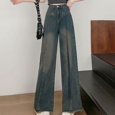 Blugi Y2k albaștri de damă Pantaloni Harajuku oversize din denim Pantaloni vintage largi, cu ciucuri, în stil japonez al anilor 2000, haine trash 2024