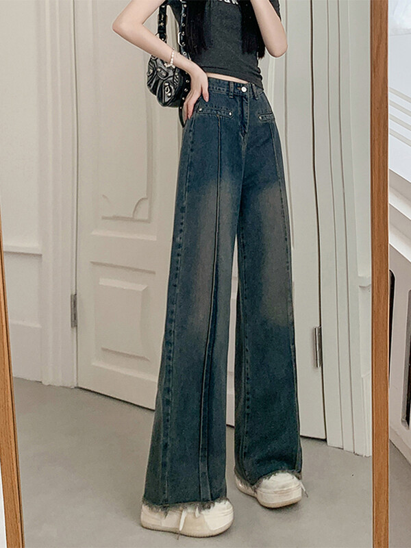 Blugi Y2k albaștri de damă Pantaloni Harajuku oversize din denim Pantaloni vintage largi, cu ciucuri, în stil japonez al anilor 2000, haine trash 2024