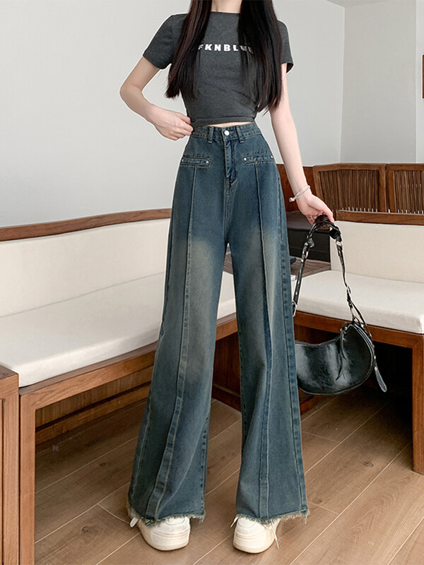 Blugi Y2k albaștri de damă Pantaloni Harajuku oversize din denim Pantaloni vintage largi, cu ciucuri, în stil japonez al anilor 2000, haine trash 2024