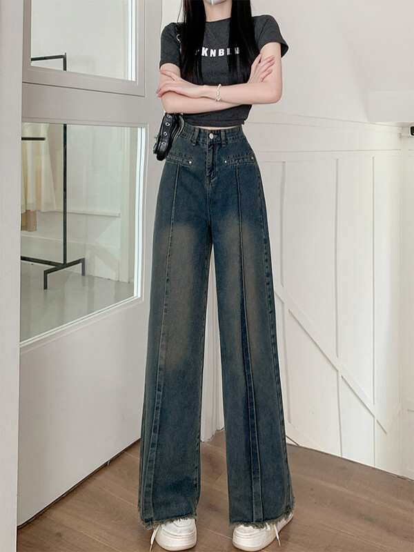 Blugi Y2k albaștri de damă Pantaloni Harajuku oversize din denim Pantaloni vintage largi, cu ciucuri, în stil japonez al anilor 2000, haine trash 2024