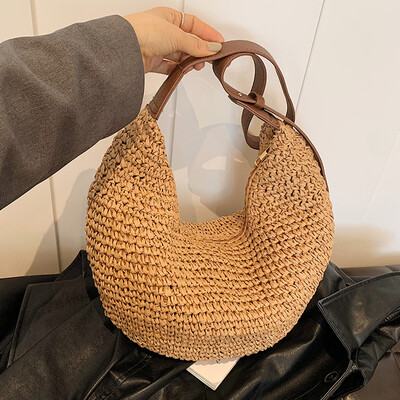 Дамска сламена чанта Half Moon Bag Ръчно тъкана чанта през рамо Закопчаване с цип Тъкачна чанта през рамо Регулируема презрамка за пътуване Пазаруване