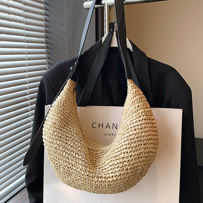 Ženska polumjesečeva torba od slame, ručno tkana torba na rame, tkana torba na rame s patentnim zatvaračem, podesivi remen za kupovinu na putovanju