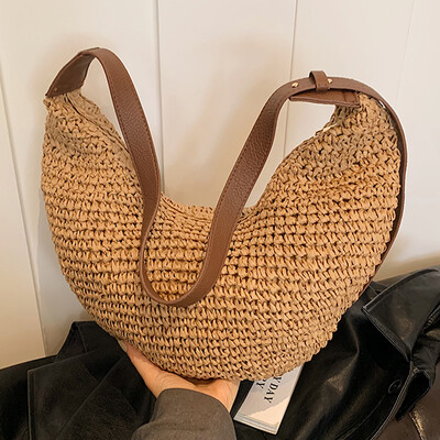 Ženska polumjesečeva torba od slame, ručno tkana torba na rame, tkana torba na rame s patentnim zatvaračem, podesivi remen za kupovinu na putovanju