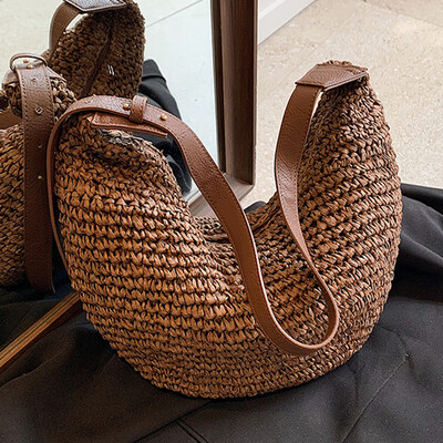 Ženska polumjesečeva torba od slame, ručno tkana torba na rame, tkana torba na rame s patentnim zatvaračem, podesivi remen za kupovinu na putovanju