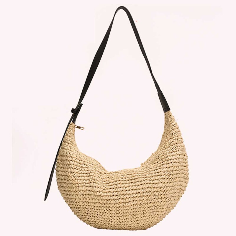 Ženska polumjesečeva torba od slame, ručno tkana torba na rame, tkana torba na rame s patentnim zatvaračem, podesivi remen za kupovinu na putovanju