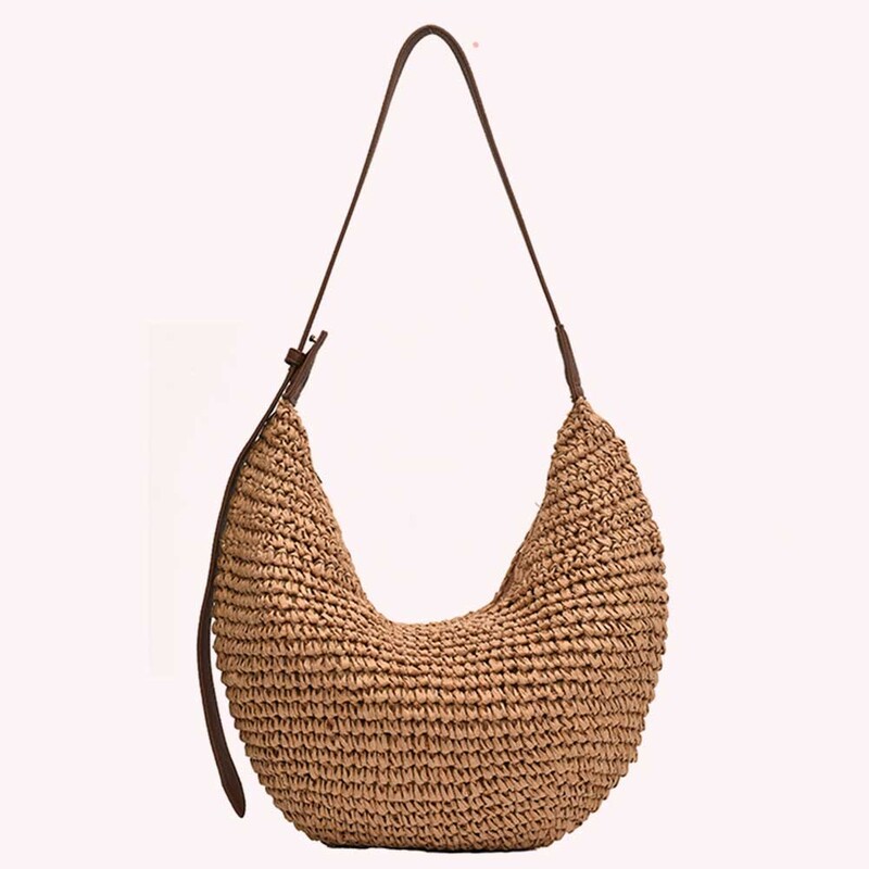 Ženska polumjesečeva torba od slame, ručno tkana torba na rame, tkana torba na rame s patentnim zatvaračem, podesivi remen za kupovinu na putovanju