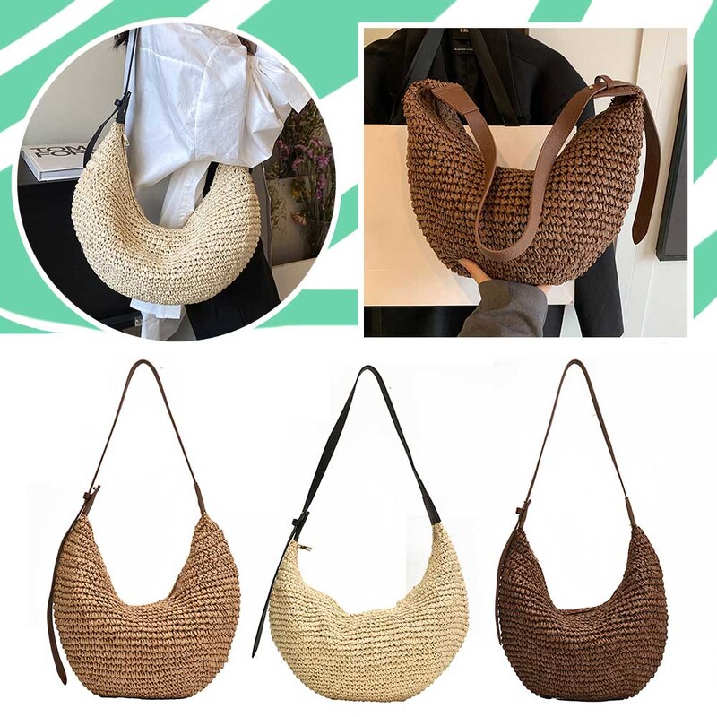 Ženska polumjesečeva torba od slame, ručno tkana torba na rame, tkana torba na rame s patentnim zatvaračem, podesivi remen za kupovinu na putovanju