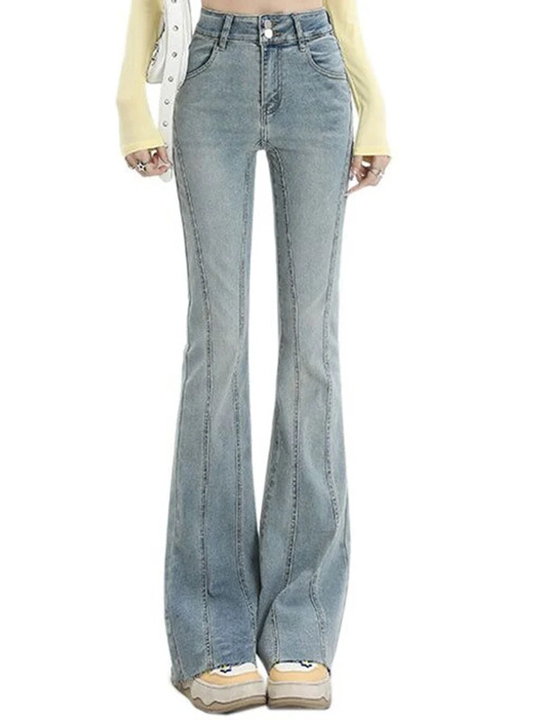 Naiste Kõrge vöökohaga Harajuku Flare Teksad Lady Vintage Punk Laia säärega Saabas Püksid Tüdrukud Korea Mood Splicitud Sinised Denimpüksid