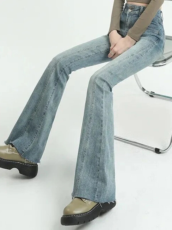 Naiste Kõrge vöökohaga Harajuku Flare Teksad Lady Vintage Punk Laia säärega Saabas Püksid Tüdrukud Korea Mood Splicitud Sinised Denimpüksid