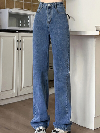 Femei New Fashion Talie înaltă, largi, supradimensionați, obișnuiți, blugi cu picioare drepte, damă, clasici, casual, de stradă, pantaloni retro albaștri din denim