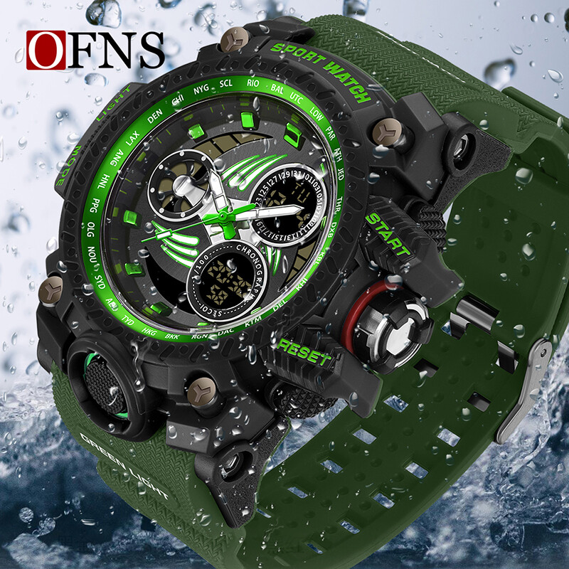 OFNS 3155 Vodootporni sat u G stilu, muški kvarcni sat, LED elektronički digitalni, svjetleći, vodootporni sat za slobodno vrijeme, najbolji brand