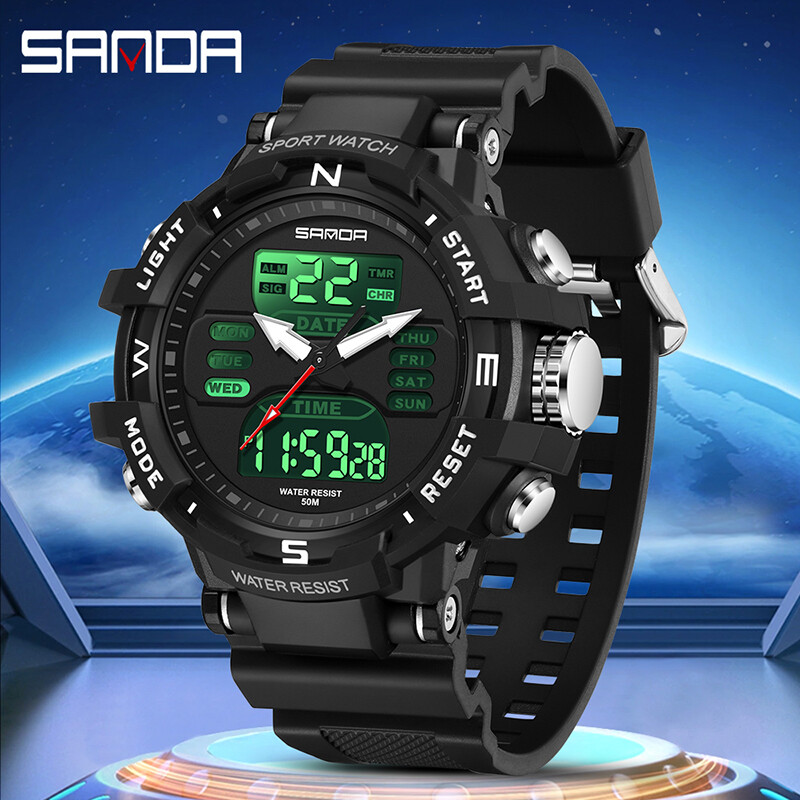 SANDA Top muški sat s dva zaslona kvarcni muški modni sportski satovi 50M vodootporni LED digitalni elektronski kronograf ručni sat