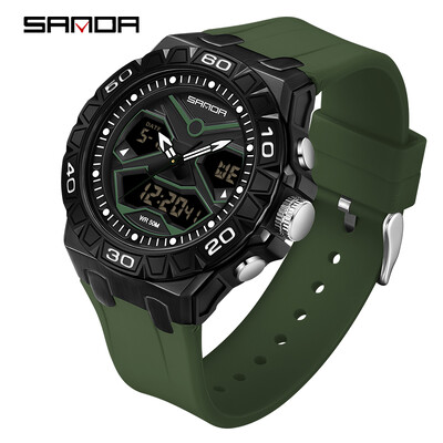 SANDA Vrhunski modni muški sportski kvarcni kronografski sat s dva zaslona Vodootporni štoperica LED digitalni muški elektronički satovi