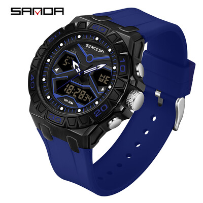 SANDA Vrhunski modni muški sportski kvarcni kronografski sat s dva zaslona Vodootporni štoperica LED digitalni muški elektronički satovi