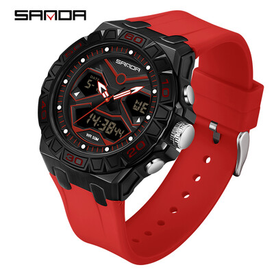 SANDA Vrhunski modni muški sportski kvarcni kronografski sat s dva zaslona Vodootporni štoperica LED digitalni muški elektronički satovi