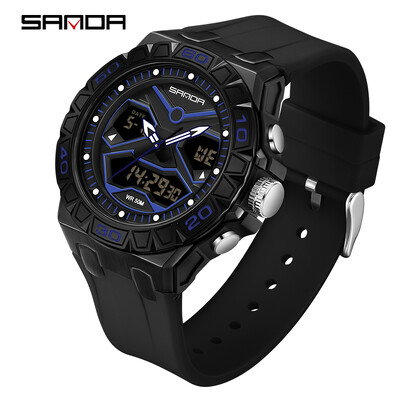 SANDA Vrhunski modni muški sportski kvarcni kronografski sat s dva zaslona Vodootporni štoperica LED digitalni muški elektronički satovi