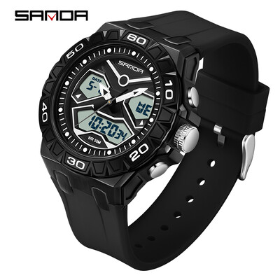 SANDA Vrhunski modni muški sportski kvarcni kronografski sat s dva zaslona Vodootporni štoperica LED digitalni muški elektronički satovi