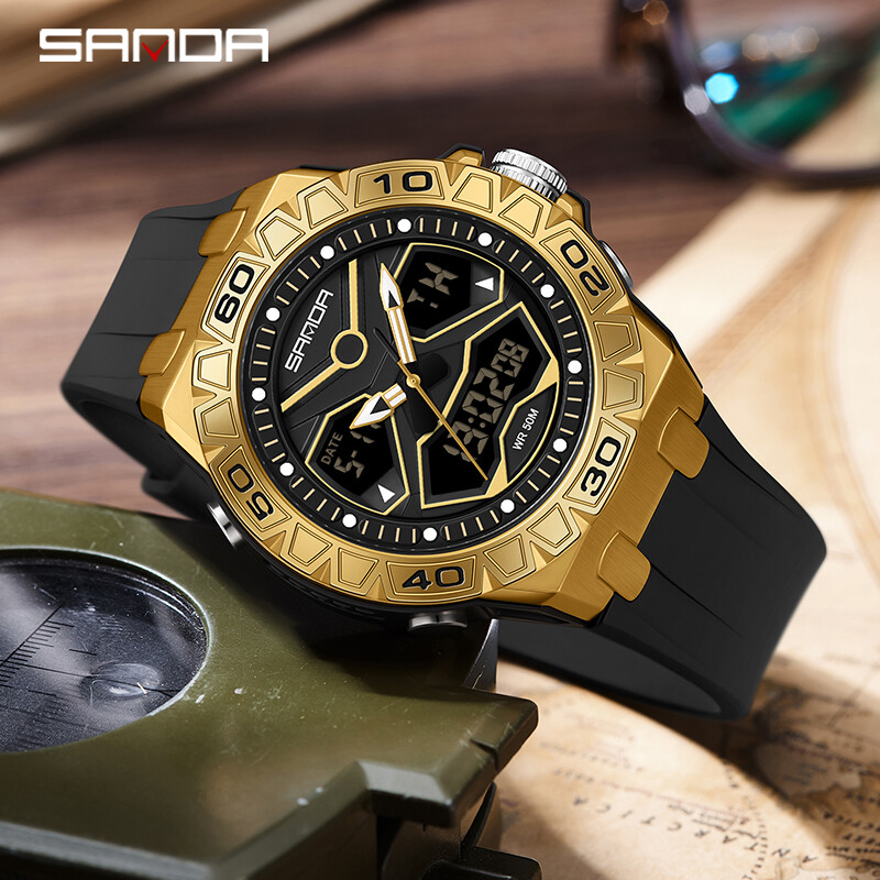 SANDA Vrhunski modni muški sportski kvarcni kronografski sat s dva zaslona Vodootporni štoperica LED digitalni muški elektronički satovi