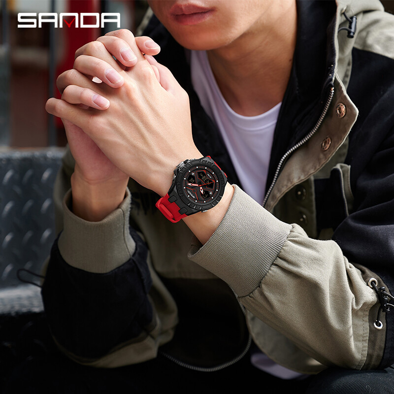 SANDA Vrhunski modni muški sportski kvarcni kronografski sat s dva zaslona Vodootporni štoperica LED digitalni muški elektronički satovi