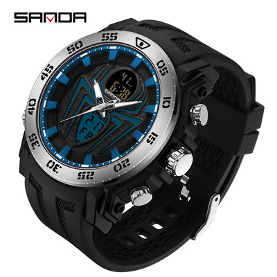 SANDA Man Military ρολόγια Ανδρικά ρολόγια χειρός PU λουράκι Quartz Ρολόγια διπλού ρολογιού Ανδρικό ρολόι εξωτερικού χώρου αθλητικό ηλεκτρονικό ρολόι