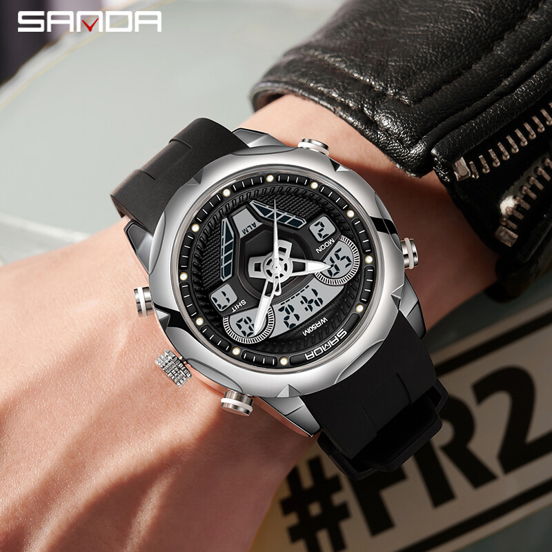 SANDA 9022 Ceas electronic original pentru bărbați Ceas de mână Ceasuri de design cu volan Ceas de mână sport, impermeabil, luminos, digital