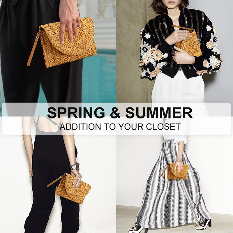 YYW slamnata koverta torbica sa spojkom Ženska ljetna slamnata torba preko ramena s remenom Ležerni ručno tkani ženski novčanici od ratana