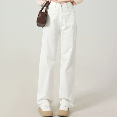 Tüdrukute kõrge vöökohaga lahtised tänavariided kitsad sirge säärega teksad Naiste valge mood Kontrastvärv teksariidest laiad püksid suur suurus