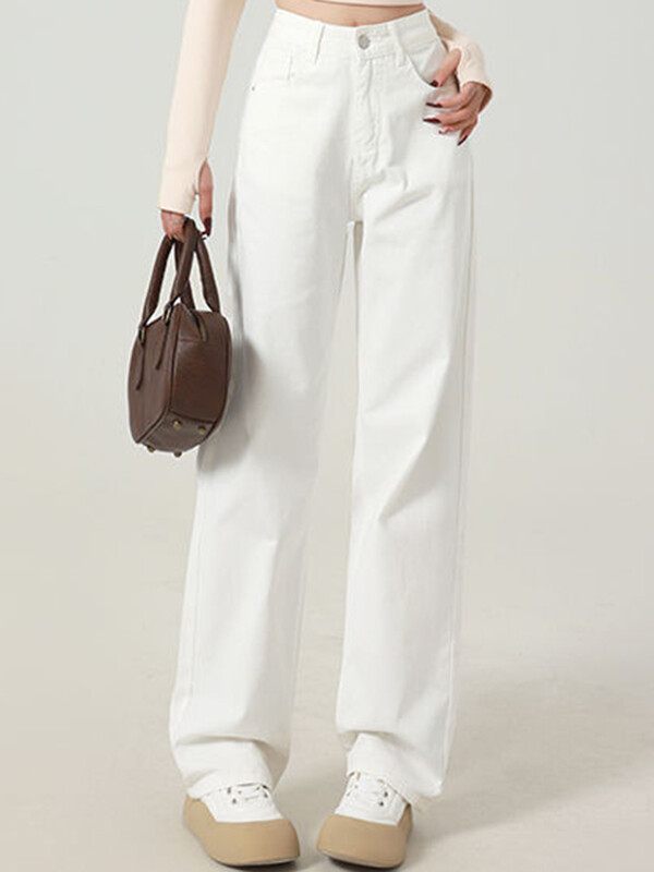 Tüdrukute kõrge vöökohaga lahtised tänavariided kitsad sirge säärega teksad Naiste valge mood Kontrastvärv teksariidest laiad püksid suur suurus