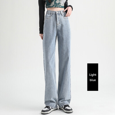 Naise teksad Elastsed kõrge vöökohaga lai jalg Puuvillane teksariietus Sinine valge tänavariietus vintage mood Harajuku sirged püksid