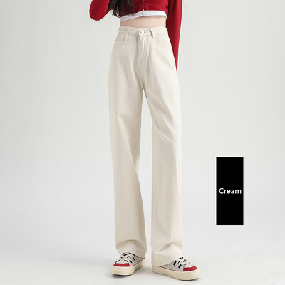 Naise teksad Elastsed kõrge vöökohaga lai jalg Puuvillane teksariietus Sinine valge tänavariietus vintage mood Harajuku sirged püksid