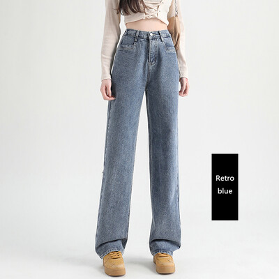 Naise teksad Elastsed kõrge vöökohaga lai jalg Puuvillane teksariietus Sinine valge tänavariietus vintage mood Harajuku sirged püksid