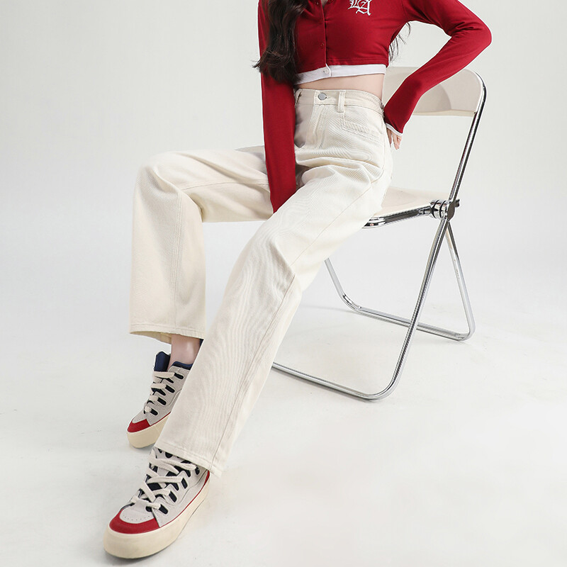 Naise teksad Elastsed kõrge vöökohaga lai jalg Puuvillane teksariietus Sinine valge tänavariietus vintage mood Harajuku sirged püksid