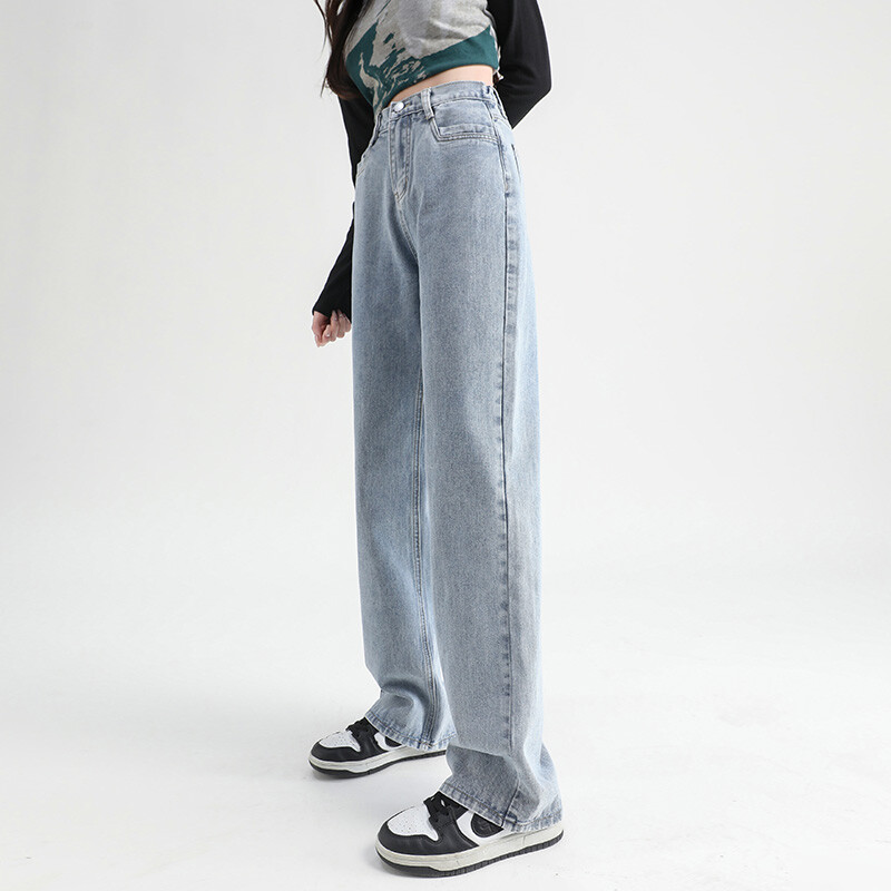 Naise teksad Elastsed kõrge vöökohaga lai jalg Puuvillane teksariietus Sinine valge tänavariietus vintage mood Harajuku sirged püksid