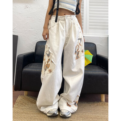 Λευκό ψηλόμεσο γυναικείο τζιν Hip-hop Spliced Fashion Vintage Streetwear Y2K Wide Leg Jean 2024 Γυναικείο παντελόνι φαρδύ τζιν παντελόνι