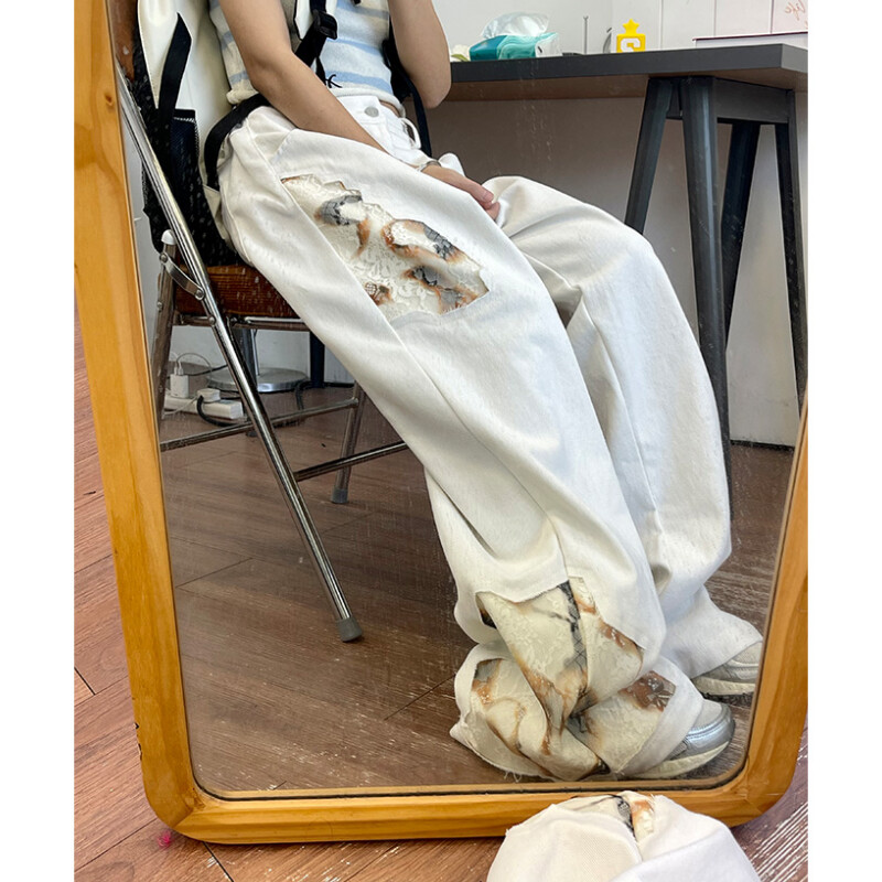 Valged kõrge vöökohaga naiste teksad Hip-hopi liimitud mood vintage tänavarõivad Y2K laia säärega teksa 2024 naiste püksid kottis teksapüksid