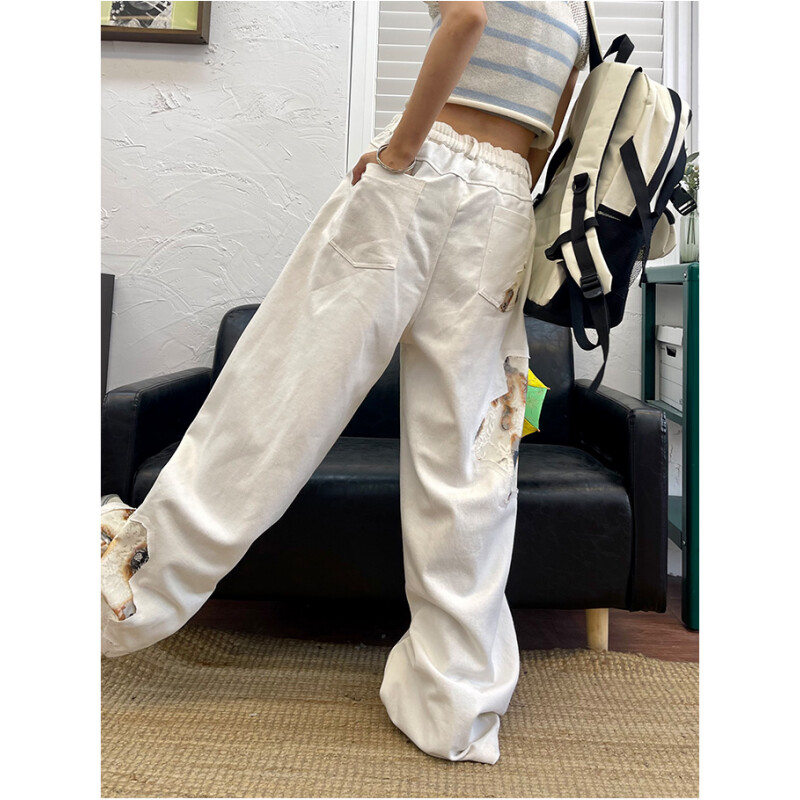 Valged kõrge vöökohaga naiste teksad Hip-hopi liimitud mood vintage tänavarõivad Y2K laia säärega teksa 2024 naiste püksid kottis teksapüksid