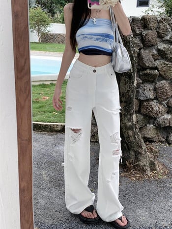 ADAgirl Basic White Ripped Jeans Γυναικεία Τζιν ψηλόμεσο καουμπόικο παντελόνι Υπερμεγέθη Streetwear Τζιν παντελόνι Y2k Ρούχα Hip Hop