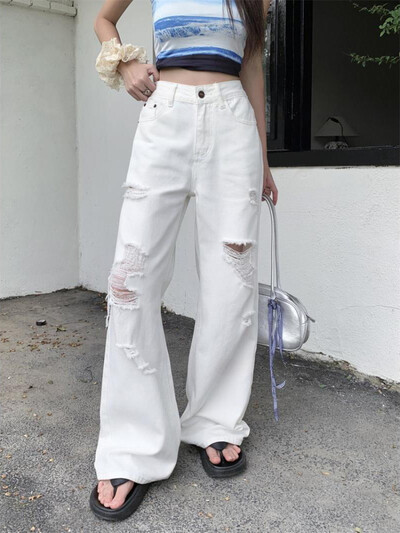 ADAgirl Basic Blugi albi rupti Blugi pentru femei Pantaloni de cowboy cu talie înaltă Pantaloni supradimensionați de stradă Pantaloni de denim Y2k Haine hip hop