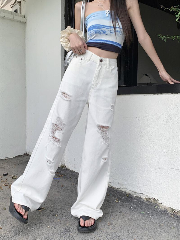 ADAgirl Basic Bijele poderane traperice Ženske traperice Kaubojske hlače visokog struka Prevelike ulične traper hlače Y2k Hip Hop odjeća