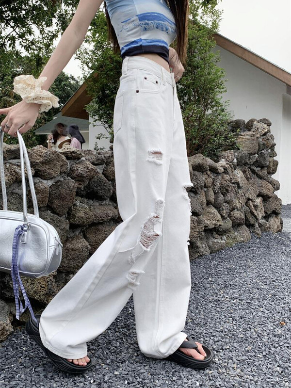 ADAgirl Basic Bijele poderane traperice Ženske traperice Kaubojske hlače visokog struka Prevelike ulične traper hlače Y2k Hip Hop odjeća