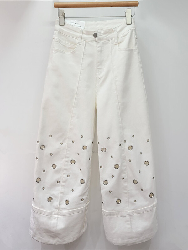 DEAT Дамски дънки с прави сглобени маншети, метални пръстени, издълбани, бели широки дънкови панталони, нова есенна мода 2024 г. 29L7696