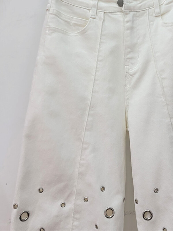 DEAT Дамски дънки с прави сглобени маншети, метални пръстени, издълбани, бели широки дънкови панталони, нова есенна мода 2024 г. 29L7696