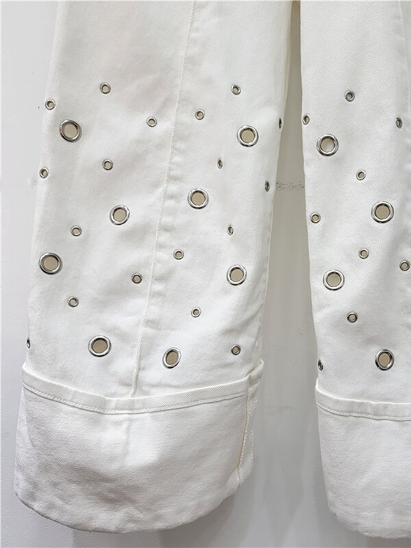 DEAT Дамски дънки с прави сглобени маншети, метални пръстени, издълбани, бели широки дънкови панталони, нова есенна мода 2024 г. 29L7696