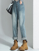 Naised Uued kõrge vöökohaga Korea kitsenevad teksad Daami teksapüksid sirge säärega püksid tüdrukutele sinine seeria beež valge must kaki haaremi püksid