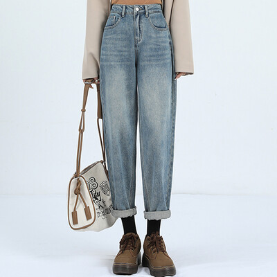 Naised Uued kõrge vöökohaga Korea kitsenevad teksad Daami teksapüksid sirge säärega püksid tüdrukutele sinine seeria beež valge must kaki haaremi püksid